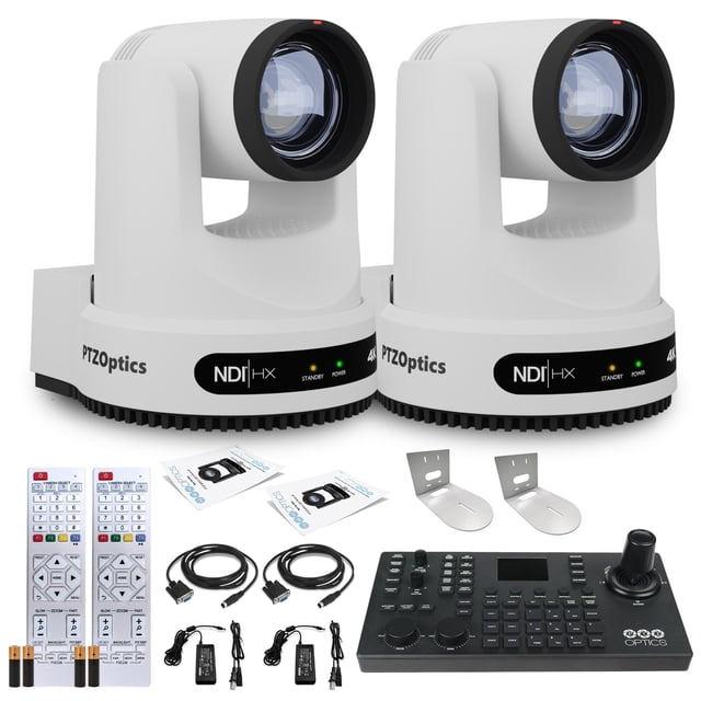 2 x Cámara PTZ PTZOptics Move 4K SDI/HDMI/USB/IP con Zoom Óptico de 12x (Blanco) (PT12X-4K-WH-G3) + Controlador de Joystick de Cámara PTZ PTZOptics SuperJoy + 2 x Soporte de Pared Universal (Blanco)