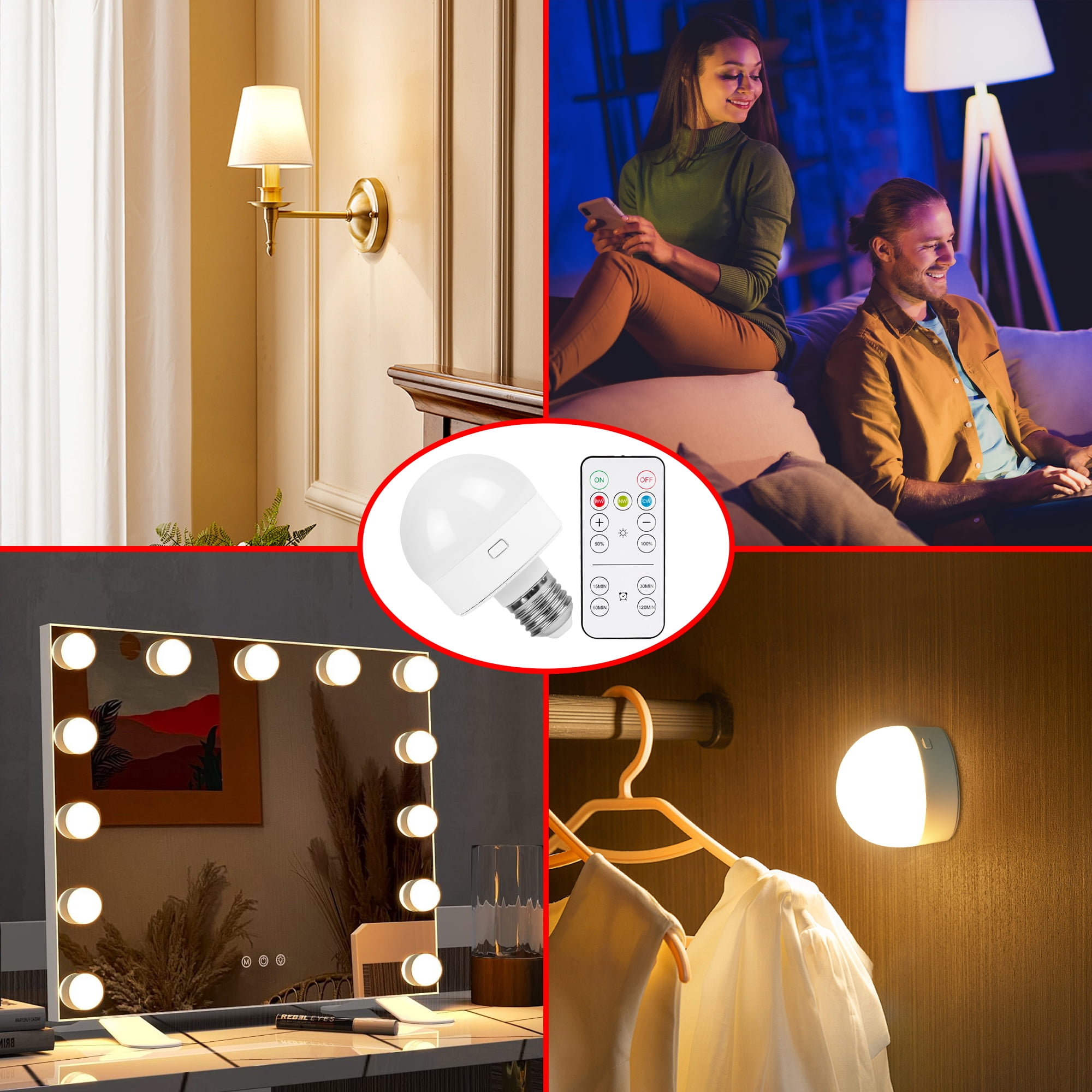 E26 Rechargeable Light Bulb with Remote and Timer Battery Backup Bulb for Sconces and Lamps, Battery Operated Light Bulb for Non-Hardwired Fixture, 3 Color Temperatures, 2 Pack