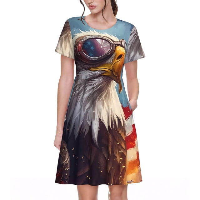 Fotbe Bald Eagle Pilot Vestido Largo de Moda para Mujer, Vestido Tipo Camiseta con Manga Corta y Estilo Casual a Rayas y Bloques de Color