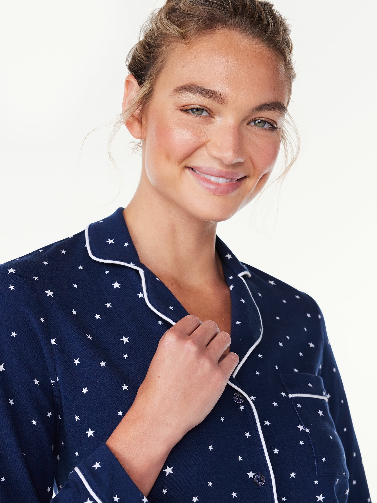 Joyspun Women’s Cotton Blend Long Sleeve Notch Collar Sleepshirt, Sizes S to 4X