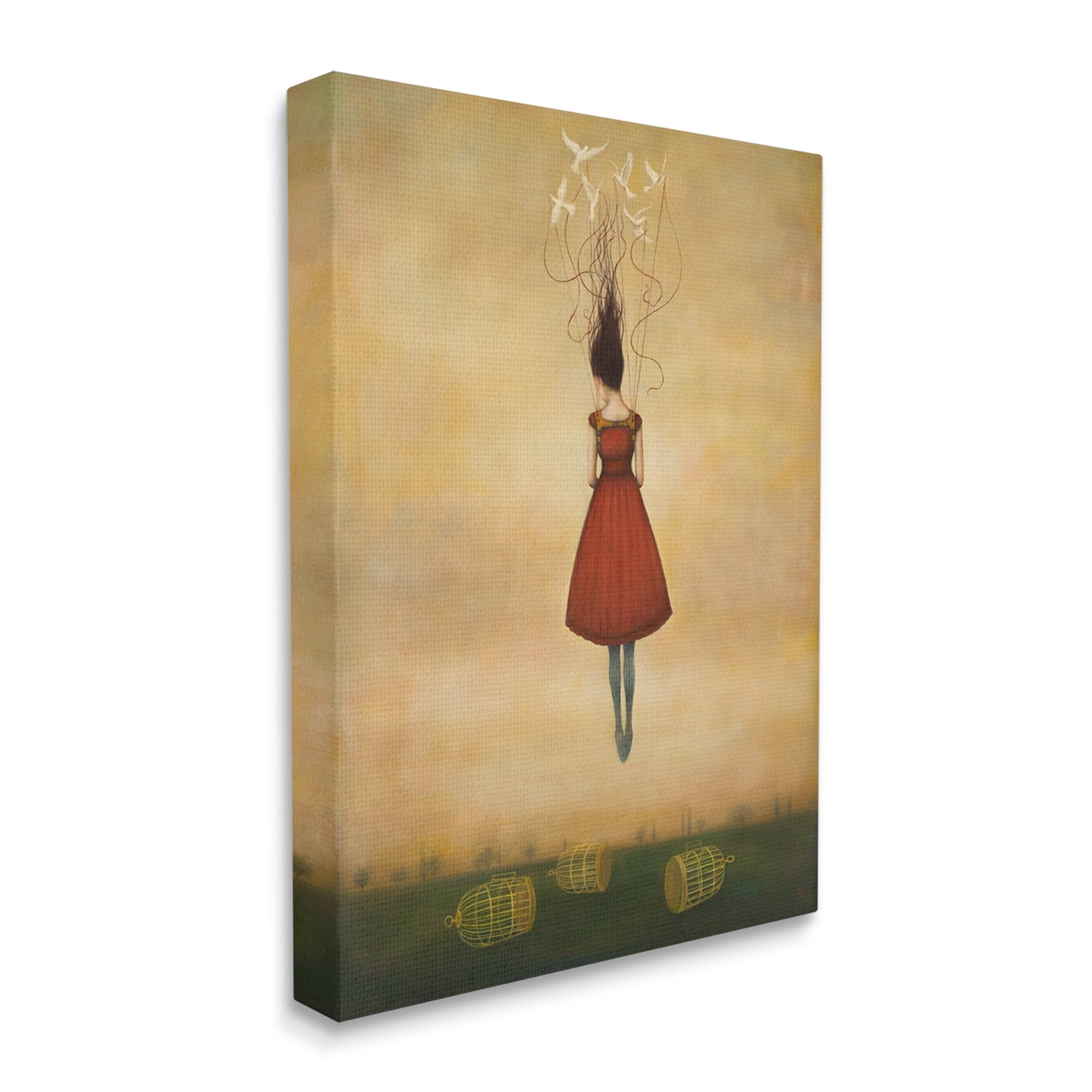 Stupell Industries Woman Floating Birdcage Doves Red Dress Surreal Design Canvas Wall Art, 24 x 30, Design by Anna Dittman