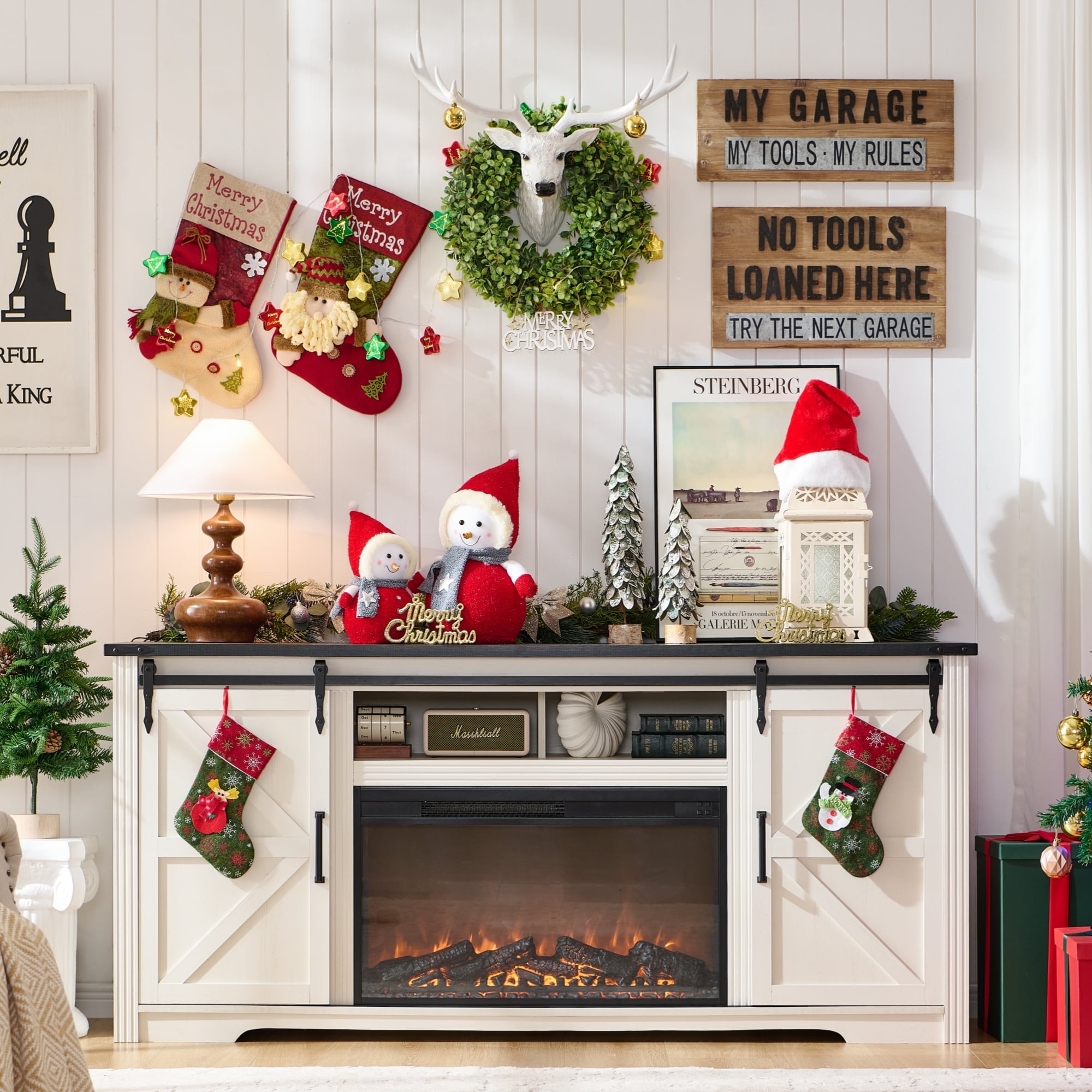 T4TREAM Farmhouse TV Stand for TVs up to 80", Entertainment Center with 30" Electric Fireplace and Sliding Barn Door&4 Drawers Storage Inside, Off White