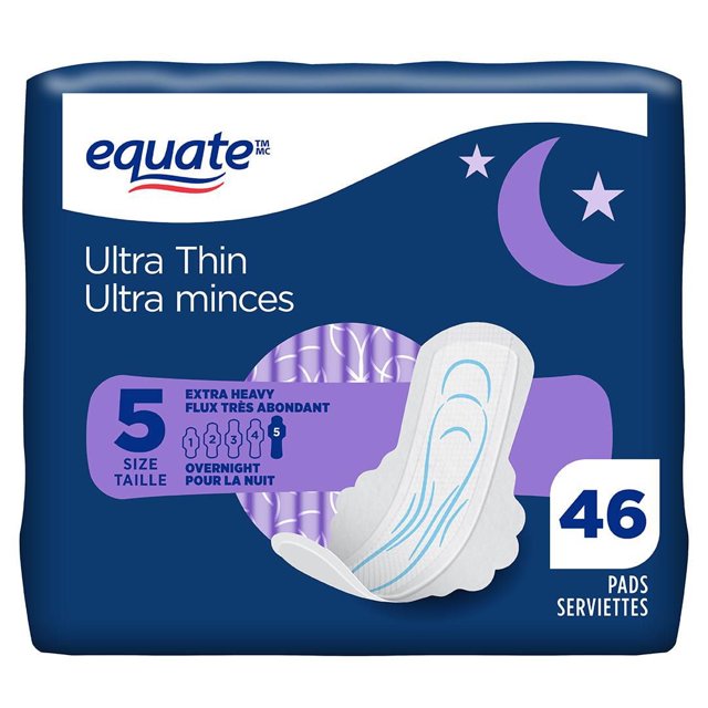 Equate Overnight Absorbency Ultra Thin Pads with Flexi- Wings, Size 5, Extra Heavy Overnight, 46 Count