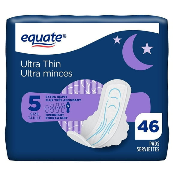 Equate Overnight Absorbency Ultra Thin Pads with Flexi- Wings, Size 5, Extra Heavy Overnight, 46 Count, 46 Size 5, Ultra Thin Pads