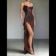 thumbnail image 4 of Vestido de Dama de con Tirantes Finos y Satén con Volantes para Mujer Marrón L, 4 of 8
