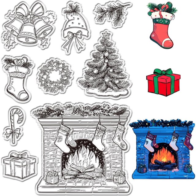 Sellos de goma transparentes con forma de coronas navideñas, campana de chimenea, bastones de caramelo, árbol de Navidad y calcetín. Sello de silicona transparente reutilizable.