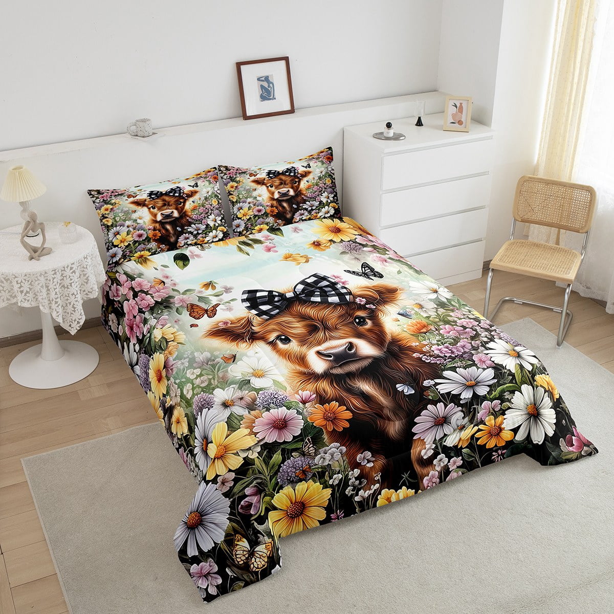 Erosebridal Cute Highland Cow Bedding Sets Twin with Comforter, Colorful Garden Flower Duvet Insert, Reversible 2 Pieces
