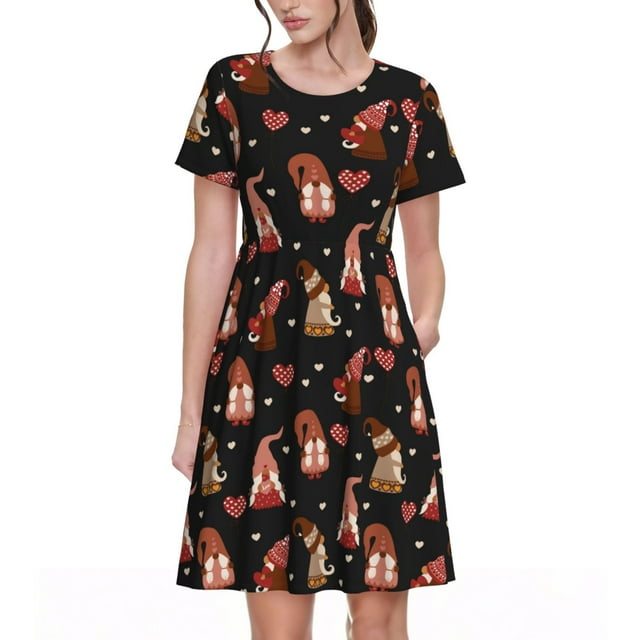 Disketp Valentine Gnome para Vestido de Manga Corta para Mujeres, Vestidos de Verano para Mujeres, Casual y Holgado para la Playa
