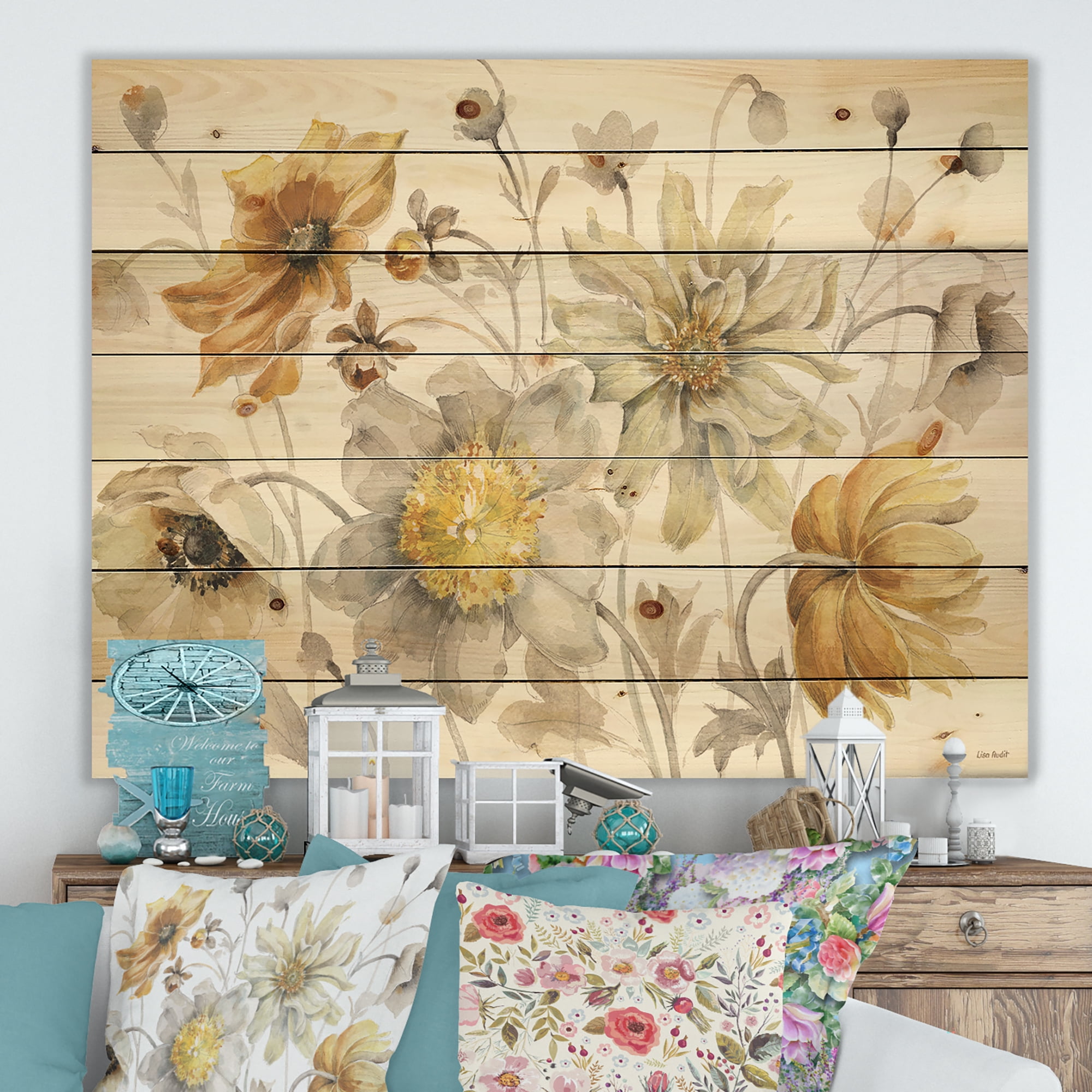 Designart 'Fields of Gold Flower Watercolor VII' Traditional Print on Natural Pine Wood