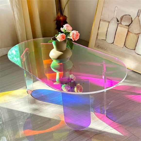 Wisfor Oval Coffee Table Iridescent Acrylic: Modern Clear Acrylic Tables 95x50x36cm Multicolored Rainbow Effect Accent Table with Stable Legs for Living room,Apartment,Offices Decor