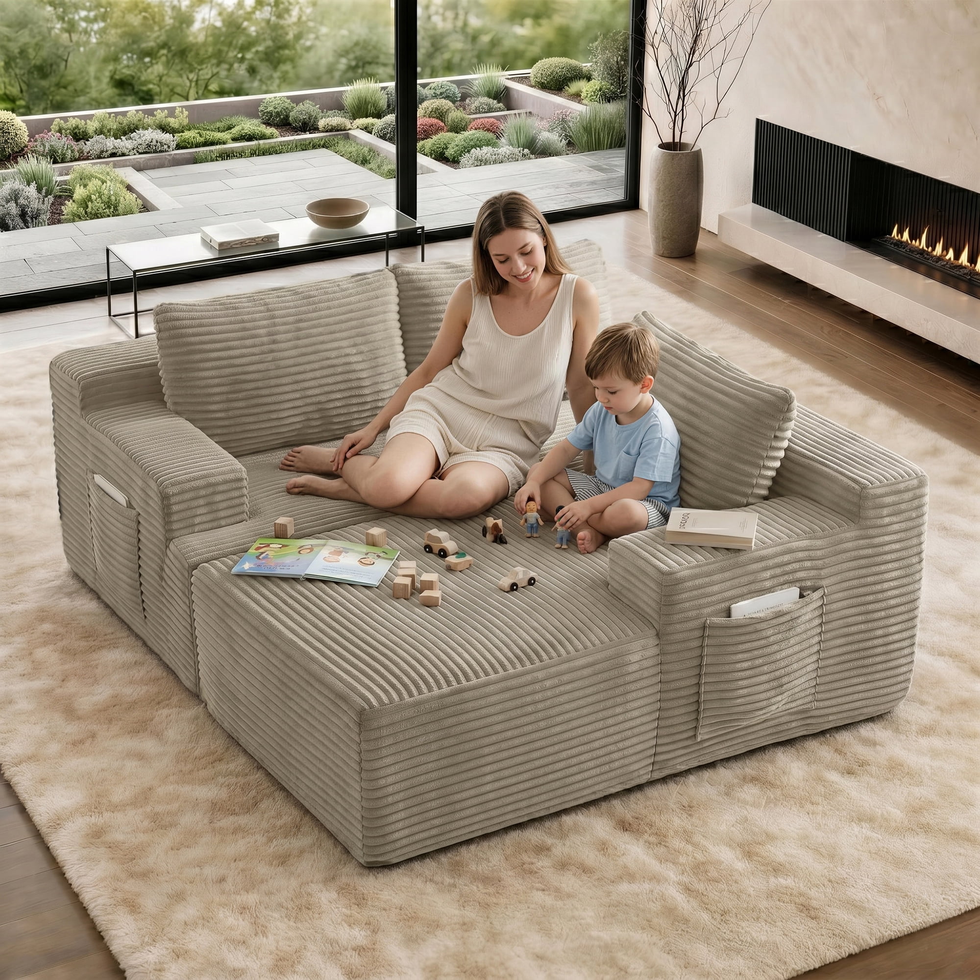 Aukfa 96" Cloud Sectional Couch, Modular L Shaped Boneless Sofa with Right Facing Chaise&2 Storage Pockets, Camel