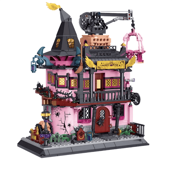 Mystic Witch House Building Blocks Set, Floating Broom & Spider Decor, Home Office Table Centerpiece Decor