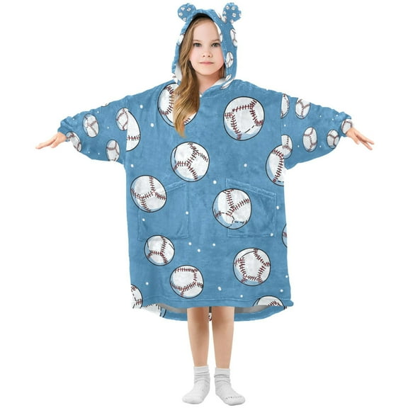 FORMRS Wearable Blanket Hoodie with Sleeves for Kids Cozy Flannel Sweatshirt, Baseballs Pattern
