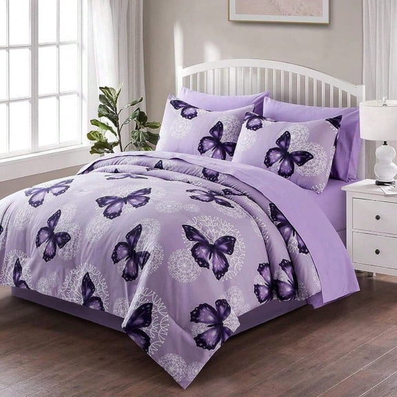 Bed in A Bag Full/Queen Size 8 Pieces Purple Butterfly All Season Bedding Comforter Bed Set with Pillow Shams Flat Sheet Fitted Sheet Bed Skirt Pillowcases