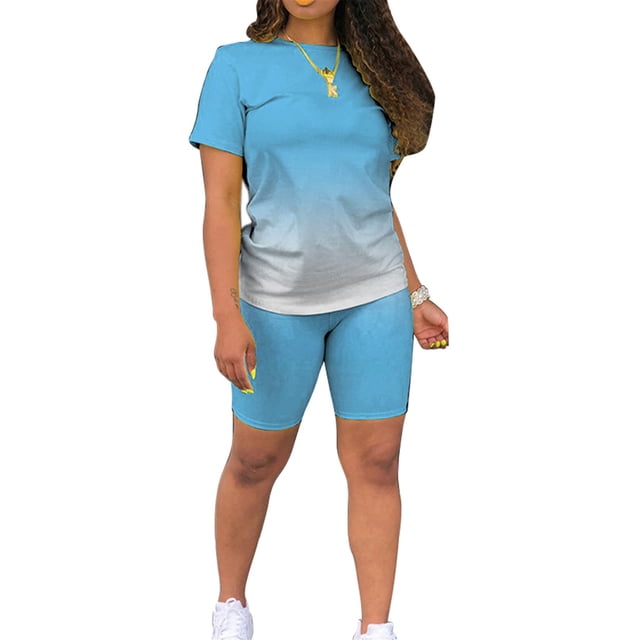 Conjuntos de 2 uds de verano para mujer, camisetas de manga corta, pantalones ajustados, conjunto de pantalones cortos, chándal de Color degradado, ropa deportiva