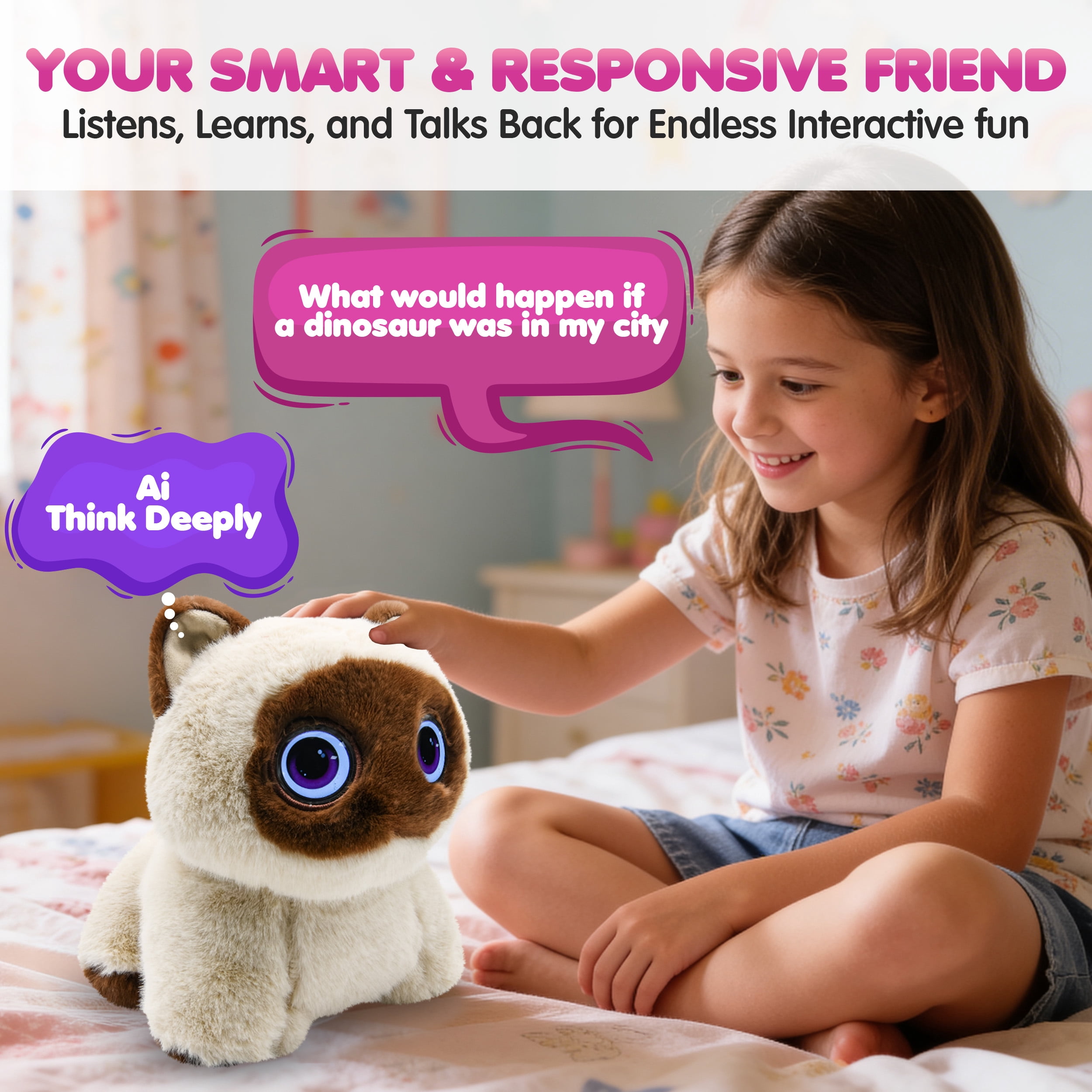 AI Pixie Paw Smart Interactive Plush Cat Voice Responsive Touch Activated Expressive Eyes AI Companion Stuffed Animal for Kids and Pet Lovers, Brown