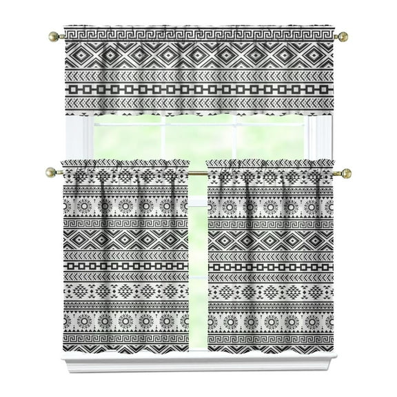 Boho Chic Kitchen Window Curtain Set Vintage Rustic Tribal Style Tier and Valance Bohemian Nordic Earthy Patterns Artistic Rod Pocket Curtains for Kitchen or Nursery Rooms