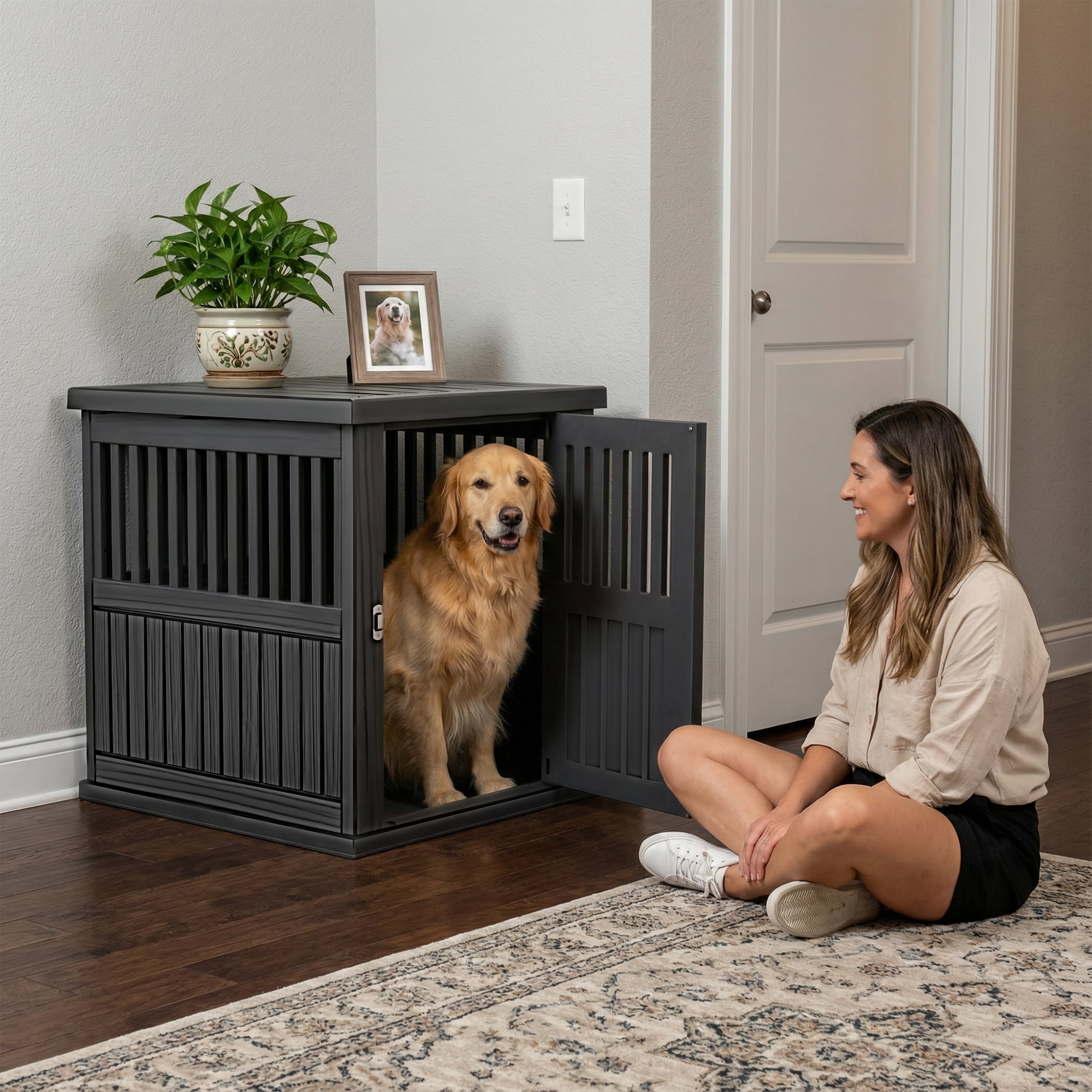 MAYEERTY Multi-Functional Pet Crate, Lockable Gate Furniture-Style Shelter & Side Table for Indoor Outdoor