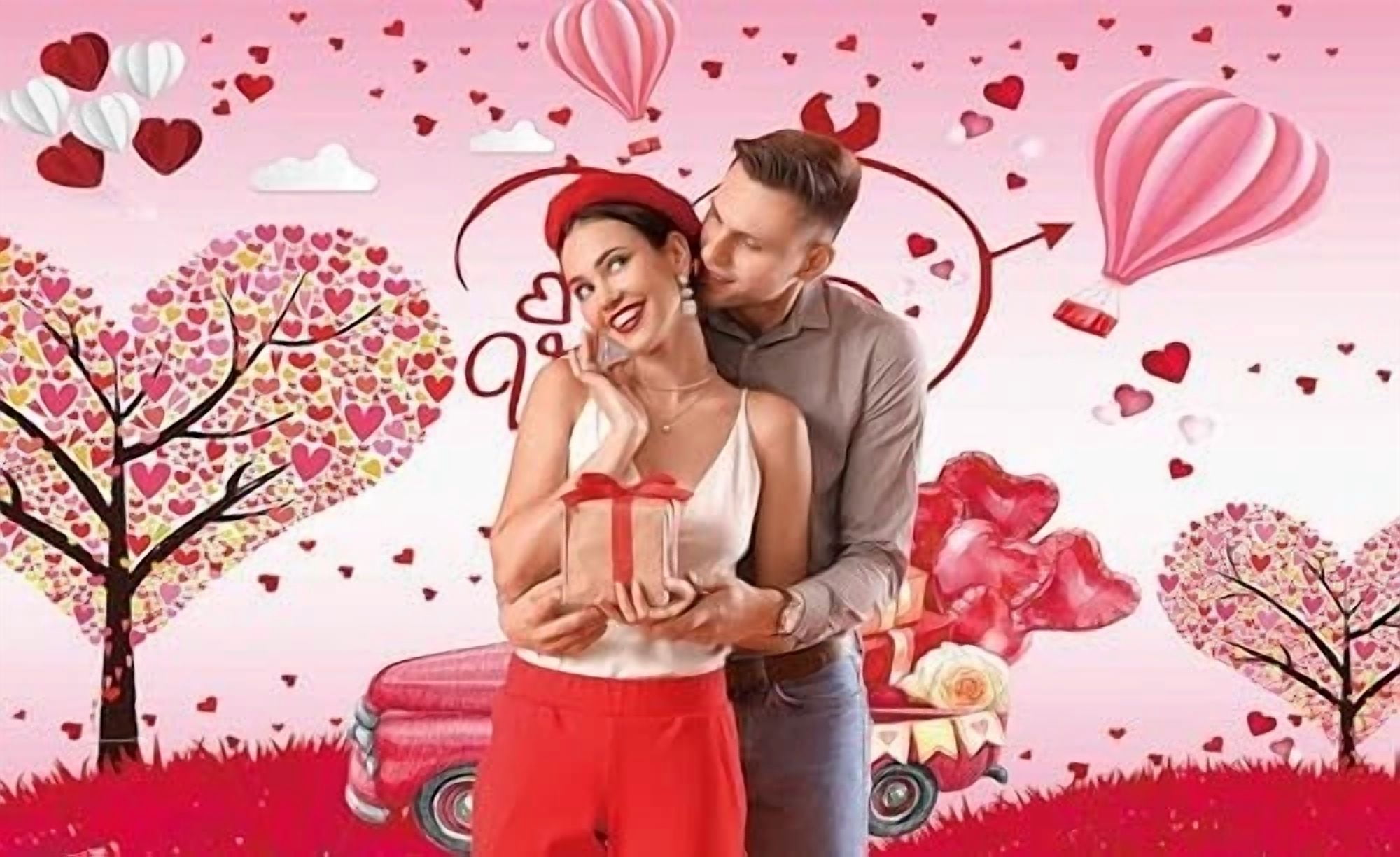 BUTTERFLY- Pink Valentine’S Day Backdrop Heart Tree Love Ballons 7*5Ft,