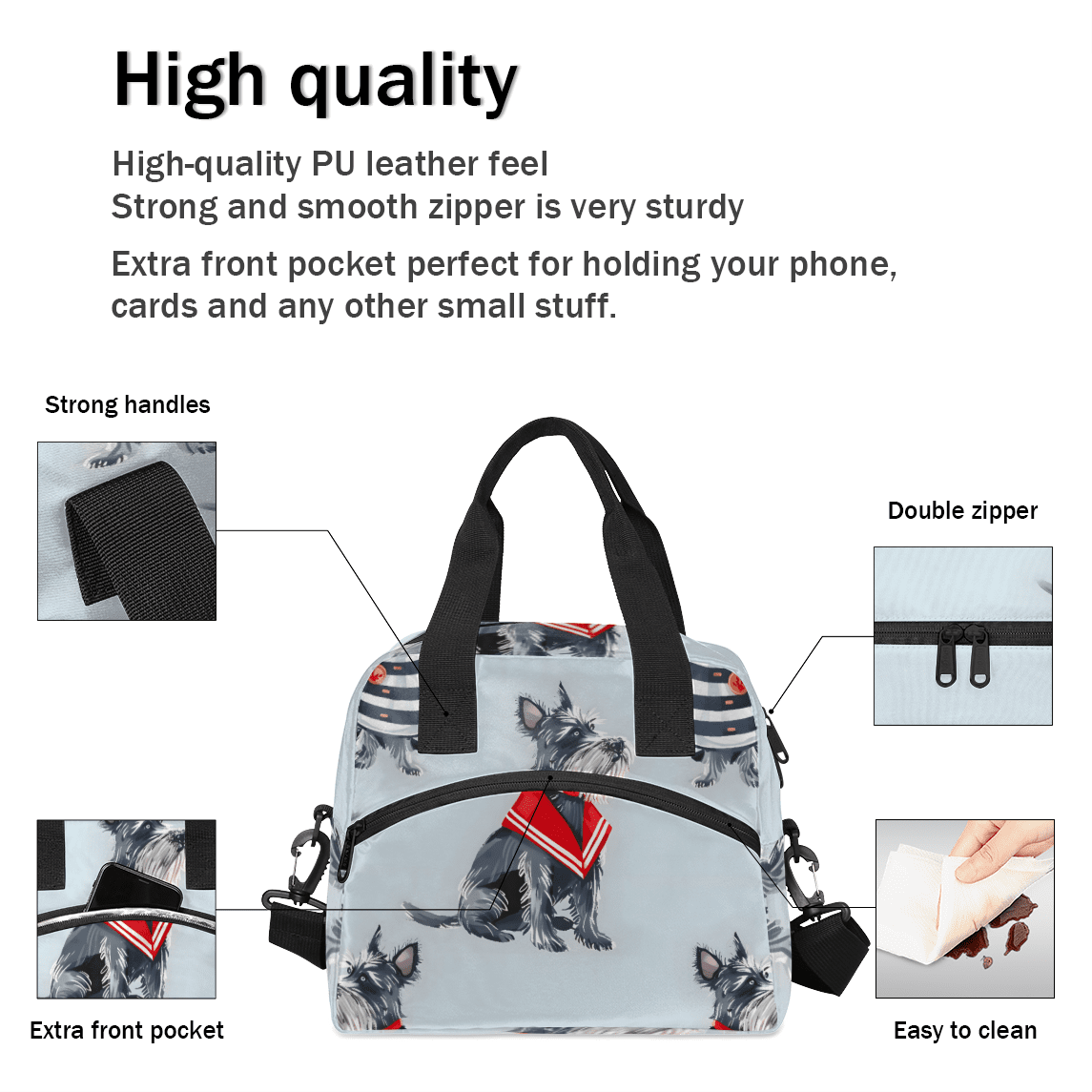 Herdesigns Cute Dog Scottish Terrier Insulated Lunch Bag for Women Men Adults Large Reusable Lunch Box Leakproof Portable Cooler Tote Bags with Adjustable Shoulder Strap