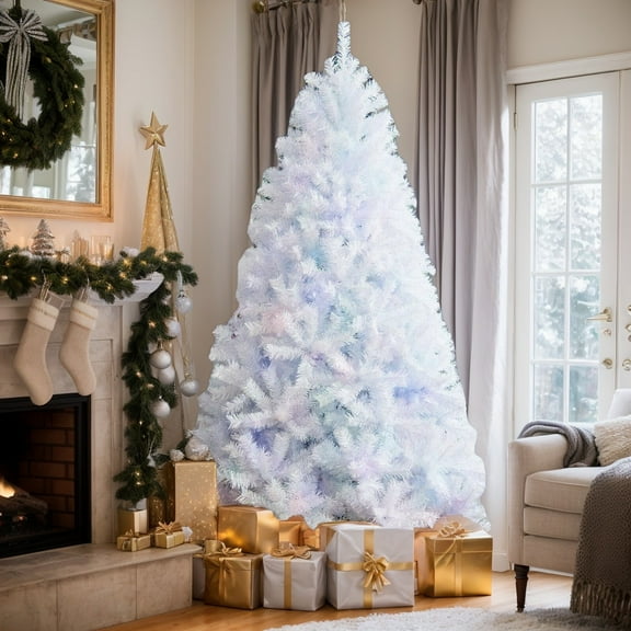 Spaco 7 Feet White Iridescent Tinsel Artificial Christmas Tree, Artificial Christmas Tree with Folding Reinforced Metal Stand, Artificial Christmas Tree for Indoor as Living Room, White