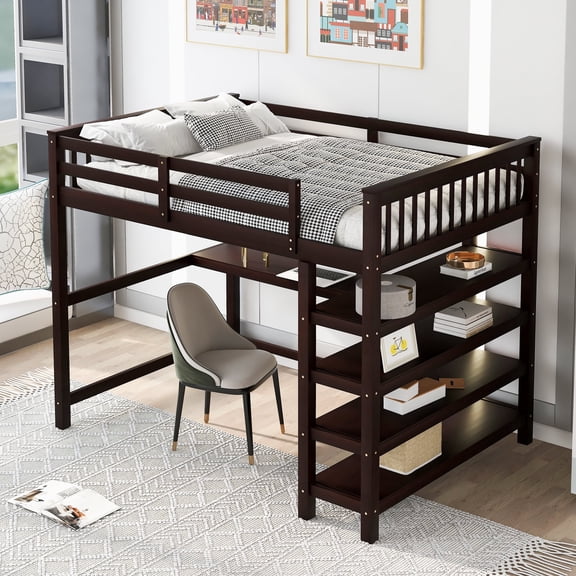 Oufan Rustic Full Size Loft Bed, 68.3" Wood Loft Bed Frame with Open Storage & Under-Bed Desk, Ladder & Guardrail, No Box Spring Needed, Espresso