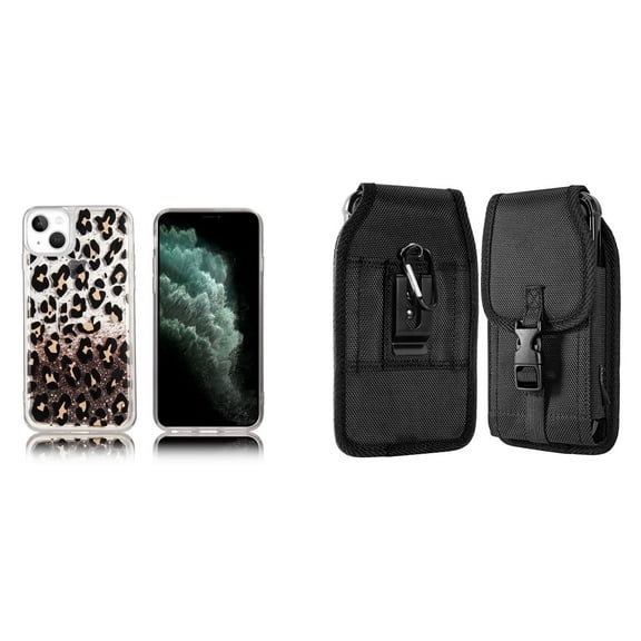 Liquid Glitter Case for iPhone 14 Plus and Belt Holster Pouch - Leopard