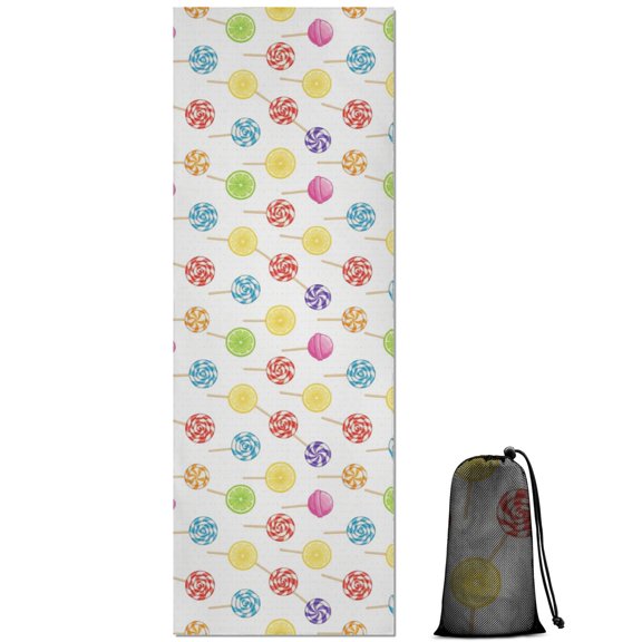 74x26 Inch Yoga Towel, Sweat Absorbent Non-Slip Mat for Hot Yoga, Pilates & Fitness,Mixed Citrus Lollipop Dot White Cartoon Pastel Repeat