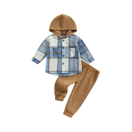 

Autumn Kids Baby Boys Girls 2pcs Sets Plaid Printed Patchwork Hooded Long Sleeve Jacket +Solid Pants