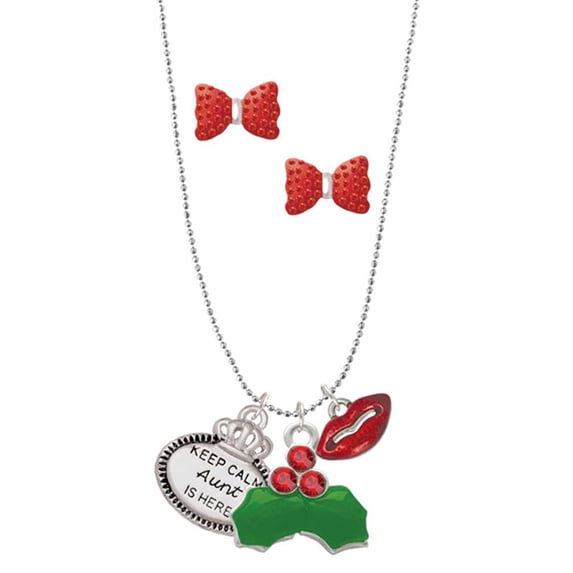 Delight Jewelry Silvertone Keep Calm Aunt is Here Christmas Kiss Charm Necklace and Stud Earrings