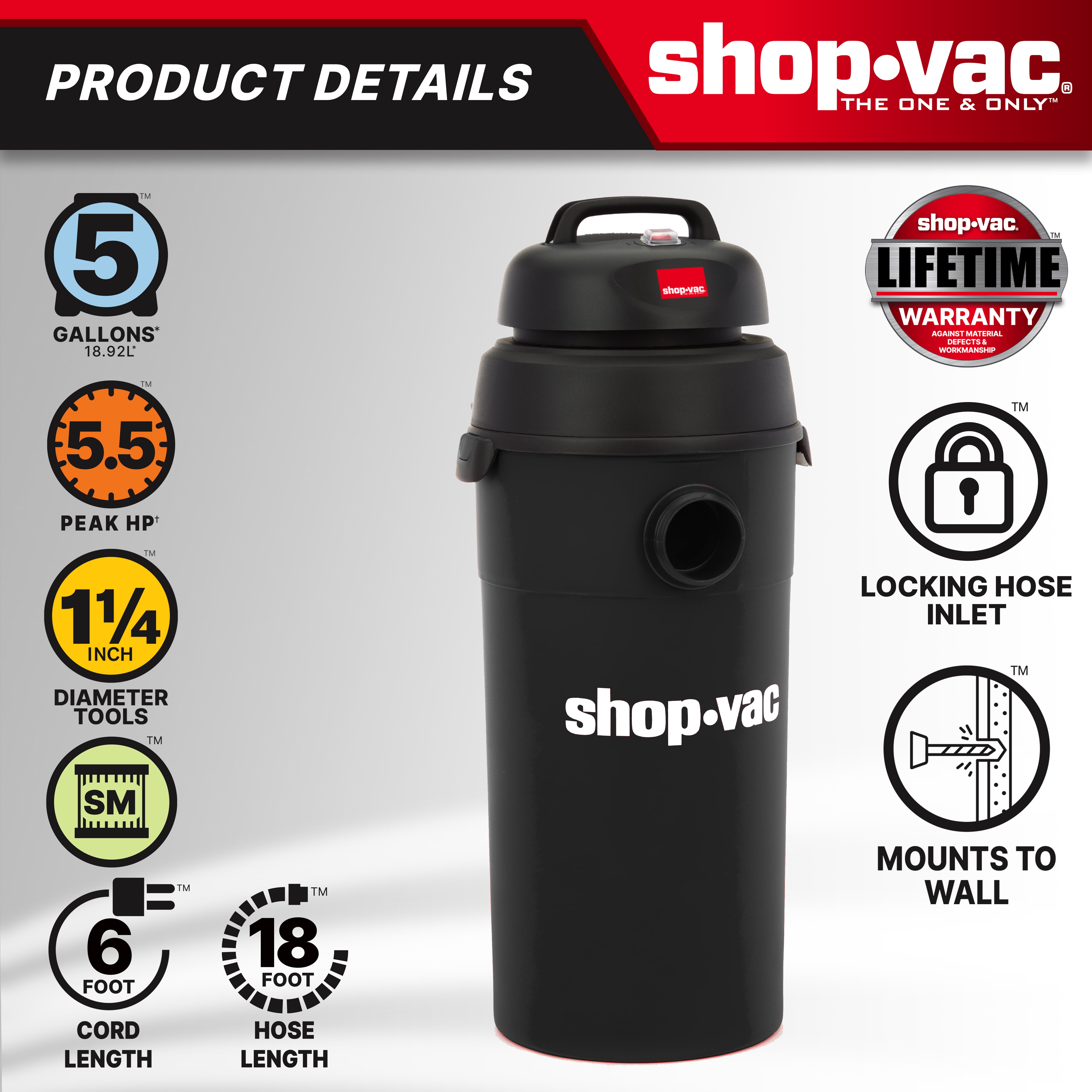 Shop-Vac 5 Gallon 5.0 PHP Wall Wet & Dry Vacuum