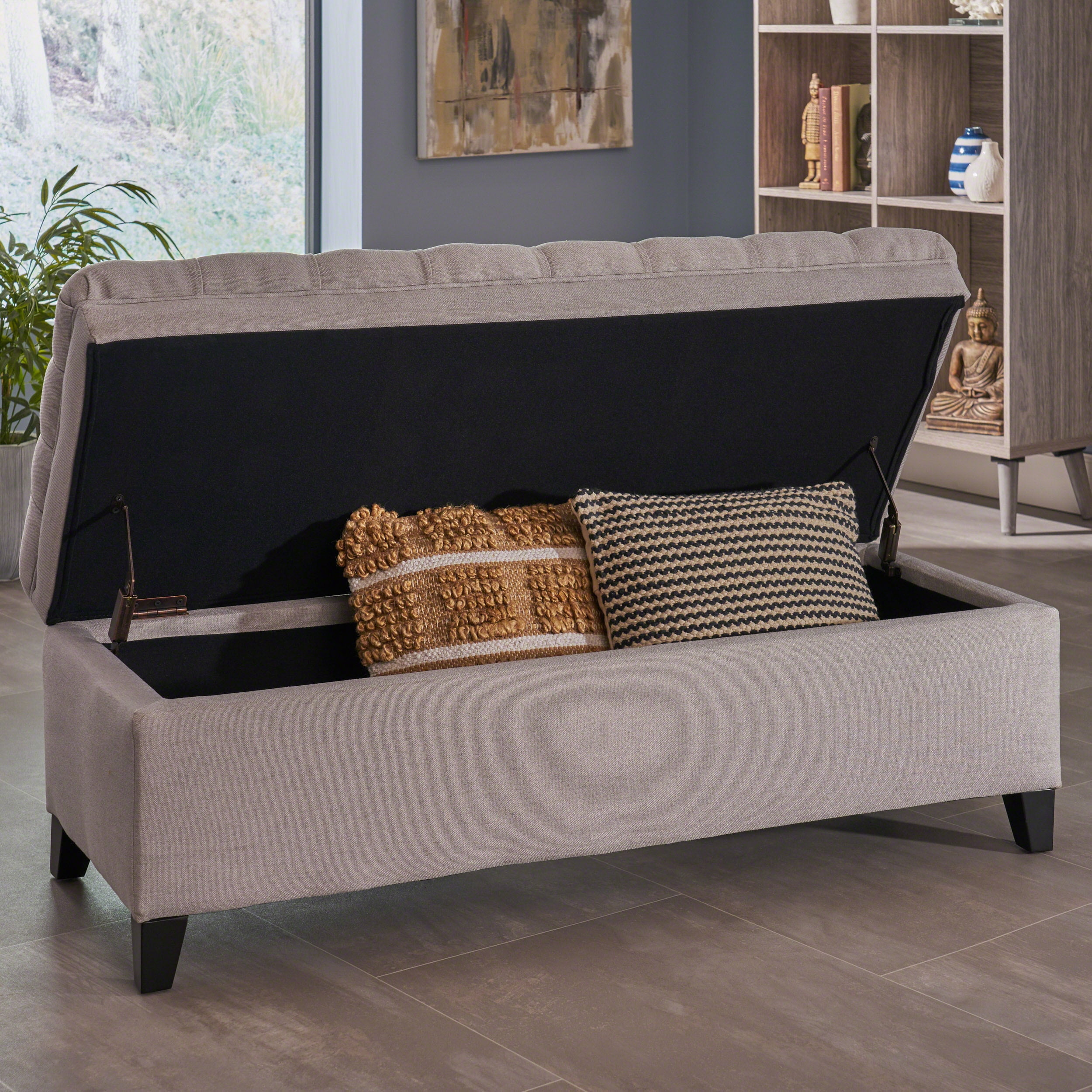 GDF Studio Heathbrooke Contemporary Tufted Storage Ottoman, Light Gray and Dark Brown