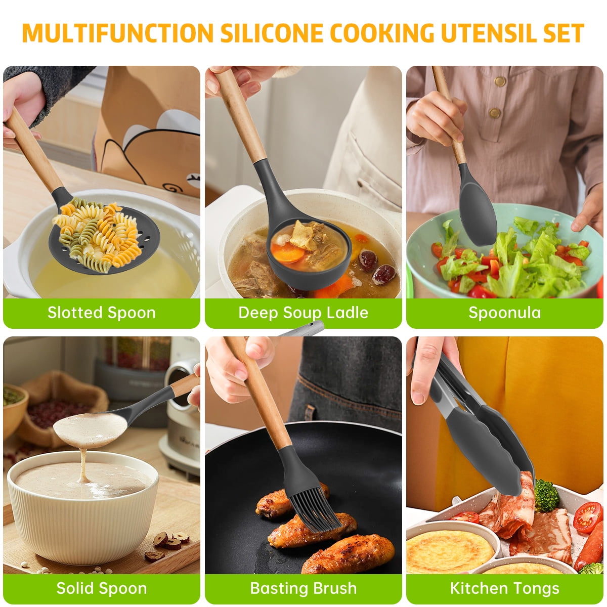GPED 29 Pcs Silicone Kitchen Utensil Set, Cooking Utensils Set with Wooden Handle, Food Grade Silicone Spatula Set, BPA-Free, 446°F Heat Resistant Kitchen Gadgets Tools Set, Gray