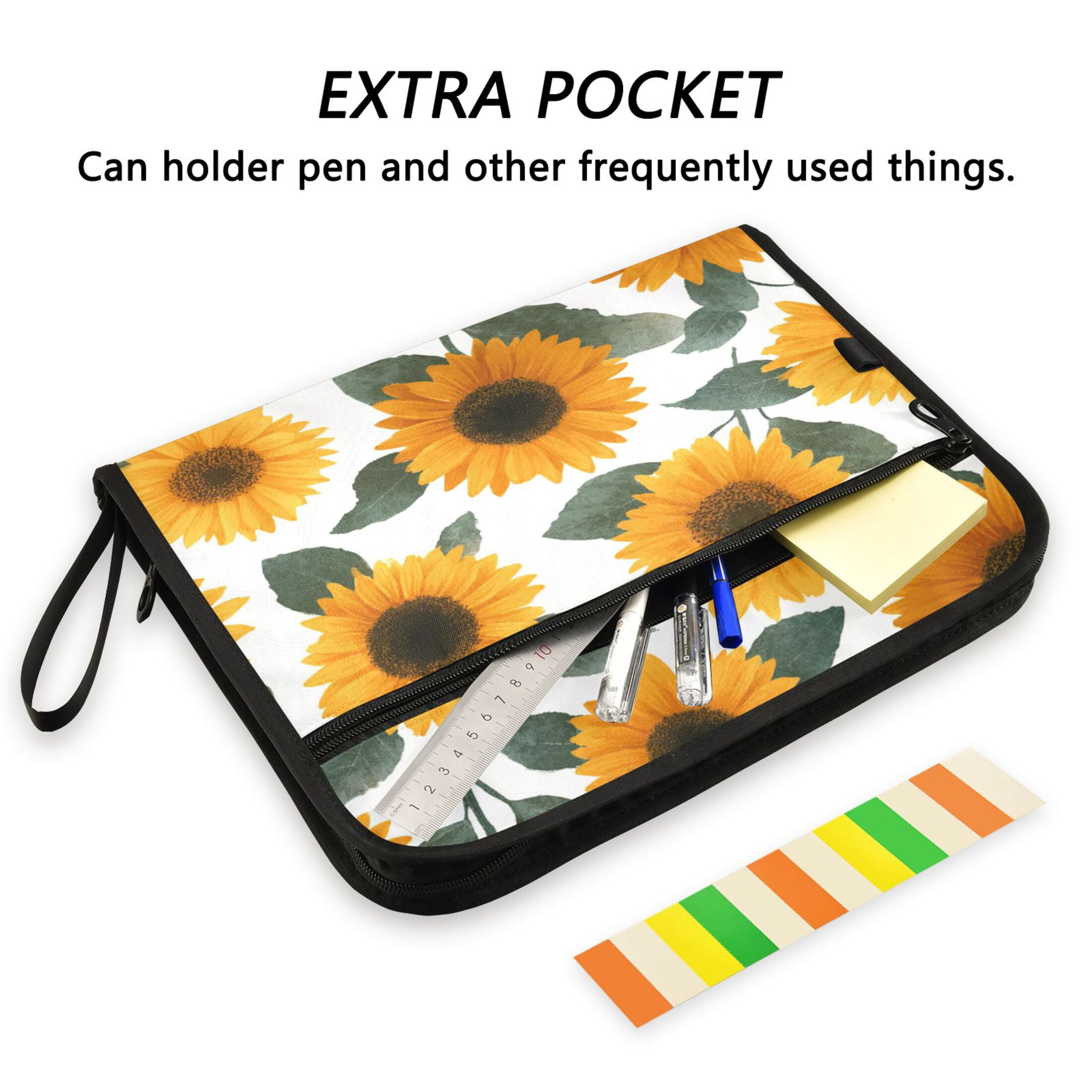 Accordion File Organizer with Zip Closure 13 Pockets Expanding File Folder Letter A4 Paper Document Organizer for Home Office Orange Sunflowers