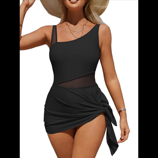 Traje de Baño de una Pieza para Mujer con Nudo Lateral, Ahuecado, con Falda y Braguita Incorporada. Negro L