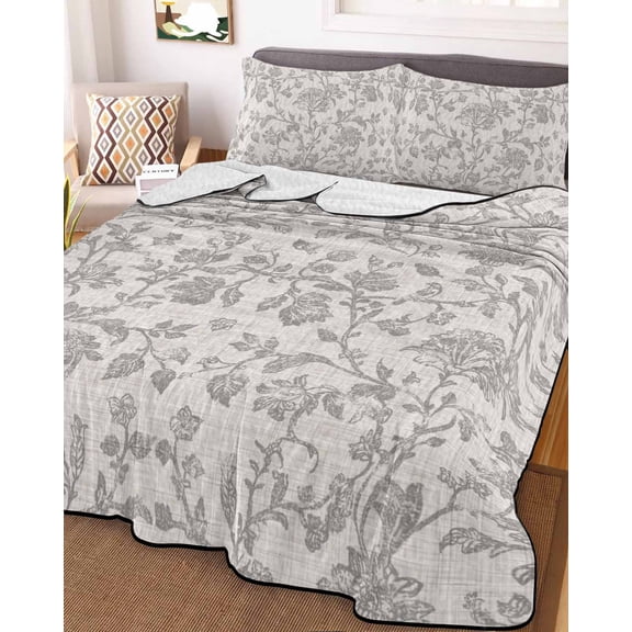 Farmhouse Flower King Size Down Alternative Comforter, Lightweight Comforter Quilt Bedding Set with Pillow Shams Botanical Vintage Grey Leaf Plant All Seasons Bed Comforter Duvet Insert 96"x106"