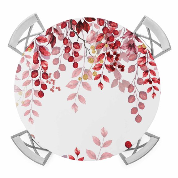 Elastic Fitted Round Tablecloth, Red Eucalyptus Leaves Waterproof Stretch Table Cover for 36"-44" Tables, Summer Botanical Weeping Washable Outdoor Tablecloths for Patio, Picnic, Camping