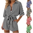 thumbnail image 7 of Short Rompers for Women Dressy Casual Striped Button Up Short Sleeve Jumpsuit Shorts with Belt Pockets (XL, Red), 7 of 7