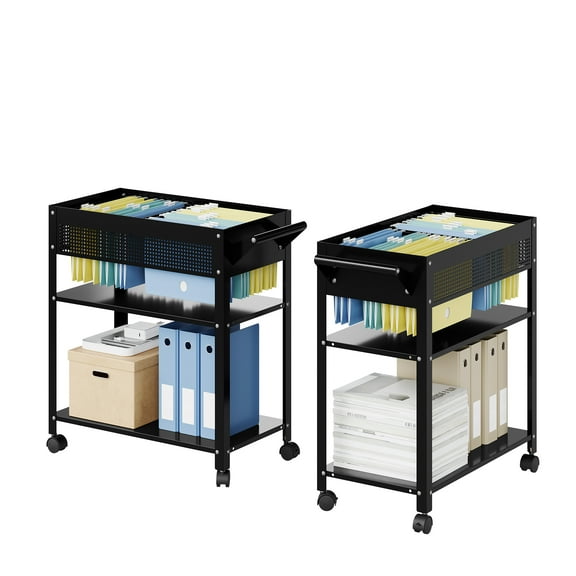 Fesbos Mobile File Cart, Rolling File Organizer with Shelf and Hanging Rod for Letter/Legal File Folders Storage, Home Office Filing Cart on Wheels(Black)