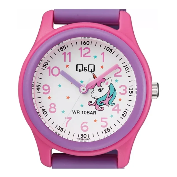 Reloj Q&q Niña Unicornio Números Y Manecillas Morado Color del bisel Rosa Color del fondo Blanco