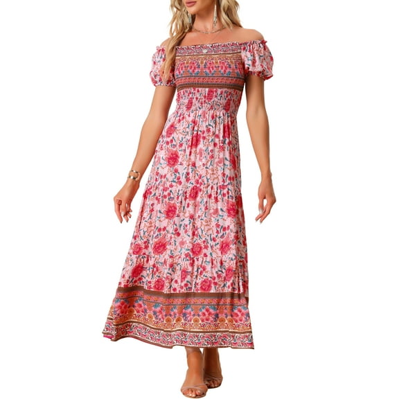 INSPIRE CHIC Women's Boho Dress Puff Short Sleeves Off-Shoulder Floral Smocked Maxi Sundress XS Pink