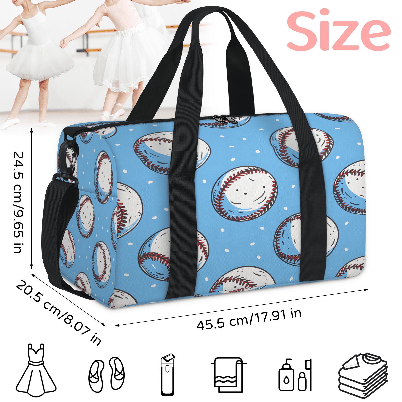 Herdesigns Baseball Sports Travel Duffle Bag Sports Yoga Weekender Overnight Carry on Workout Bags Lightweight Waterproof Gym Tote Bag for Women Cool Ball