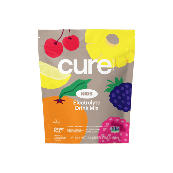 Cure Hydration - Kids Electrolyte Drink Mix | Plant-Based Pediatrician Formulated Rehydration | No Added Sugar, Gluten-Free, No Artificial Flavors, | Pouch of 15 Packets - Variety Pack