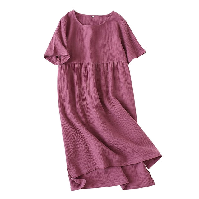 Camisas de Vestido de Mujer Color Sólido Casual Casa Crepe Doble Capa de Algodón Vestido de Longitud Media, Cuello Redondo Manga Corta para el Uso Diario Cómodo