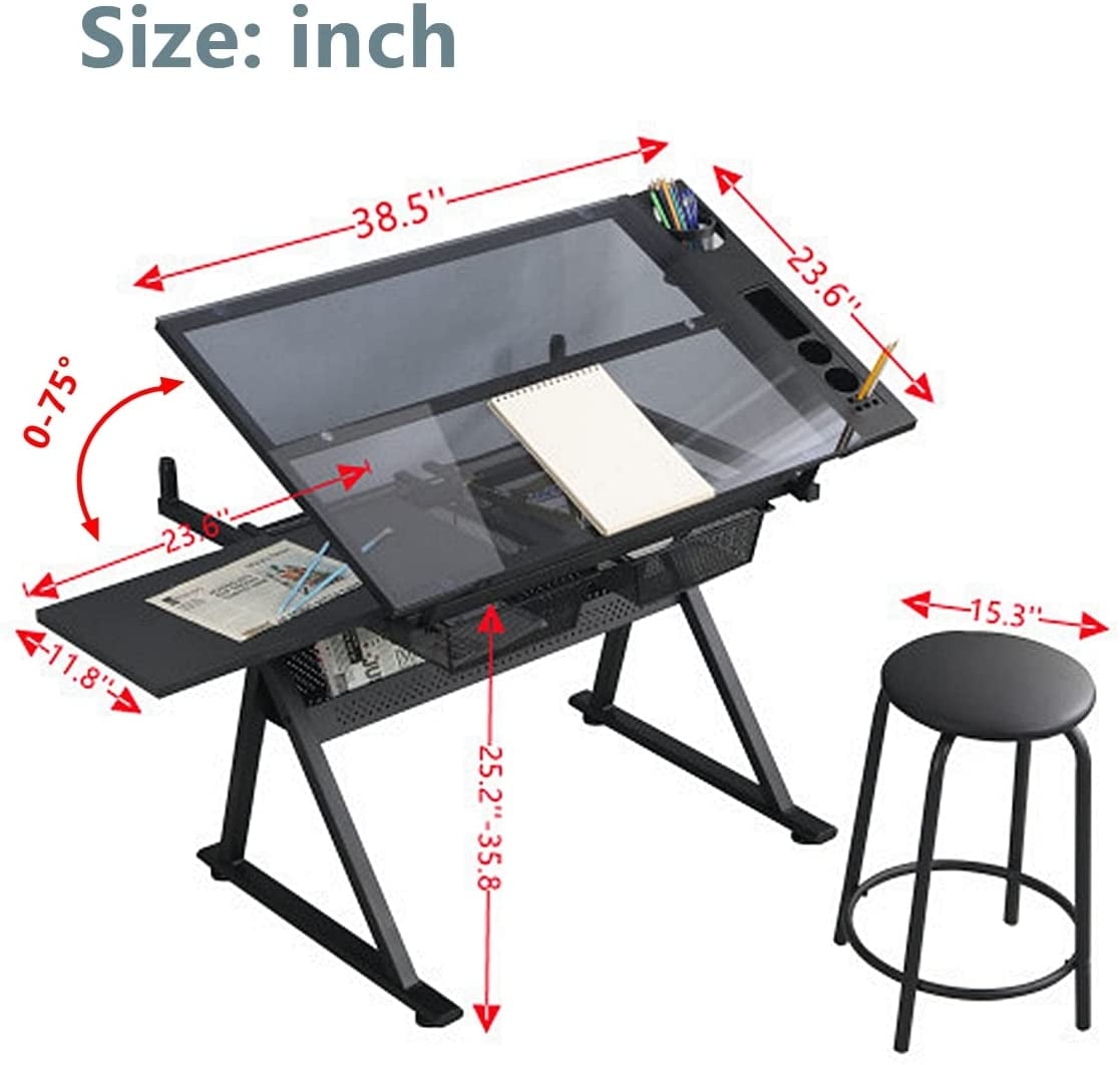 with Stool Gynsseh Drafting Table for Artists Height Adjustable Drawing Desk with Stool and 75° Tiltable Glass Tabletop Multi-Functional Art Craft Desk for Adults w/ 2 Storage Drawers 