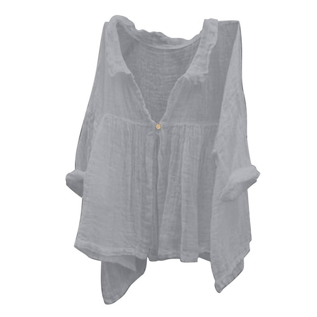 Timegard Womens Summer Tops Cotton Linen Lapel V-Neck Button Long Sleeve Flowy Shirts Casual Loose Tops
