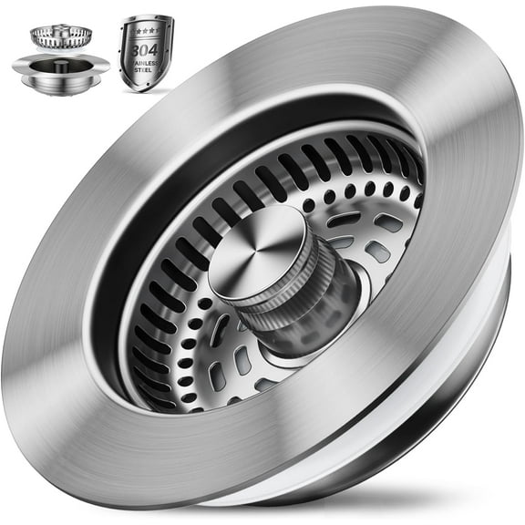 3 in 1 Kitchen Sink Drain Strainer, Sink Stopper 10,000 Pop-Up Tested Stainless Steel Sink Plug, Fast Drain Deodorizer Anti-Clog, Strainer for Kitchen Standard 3-1/2 Inch Sink Drain Strainer