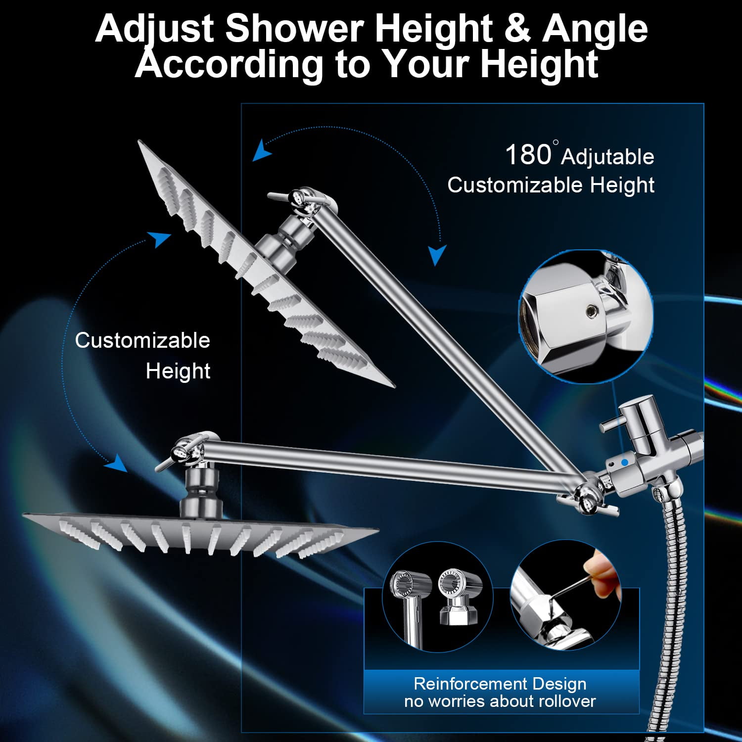 Modern 12" Large Square Rain Showerhead With 5 Modes Handheld Combo  Adjustable Arm Easy Tool-free Installation