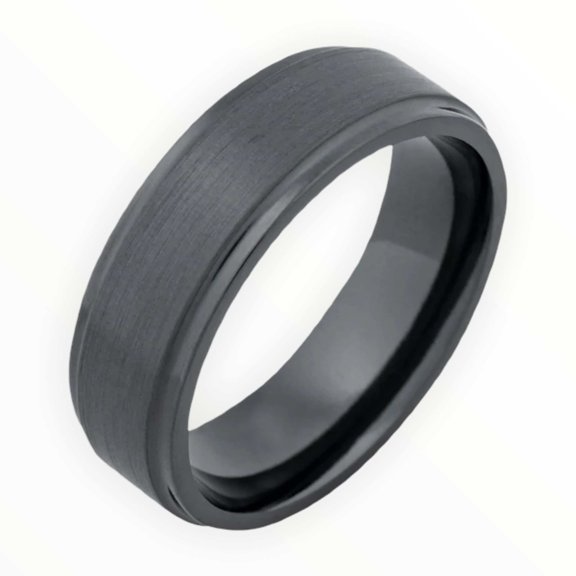 Black Zirconium Men’s Wedding Band | Satin Finish and Stepped Edges | 6mm 7mm or 8mm Comfort Fit Men's Engagement Ring | Lifetime Warranty