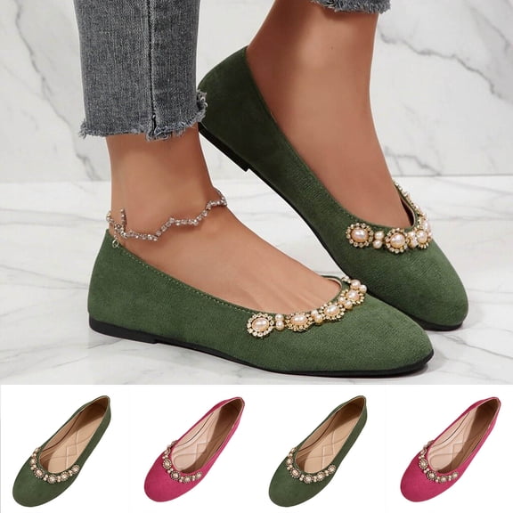 Women Shoes for Women Casual Dress Velvet Ballet Flats Slip On Loafers Comfortable Flat Shoes Wide Feet Friendly Pearl Rhinestone Embellished Closed Toe Daily Walking Womens Flats Shoes